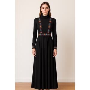 1970s Domino Fashions Black Maxi Dress with Folk Embroidered Trim USA made small